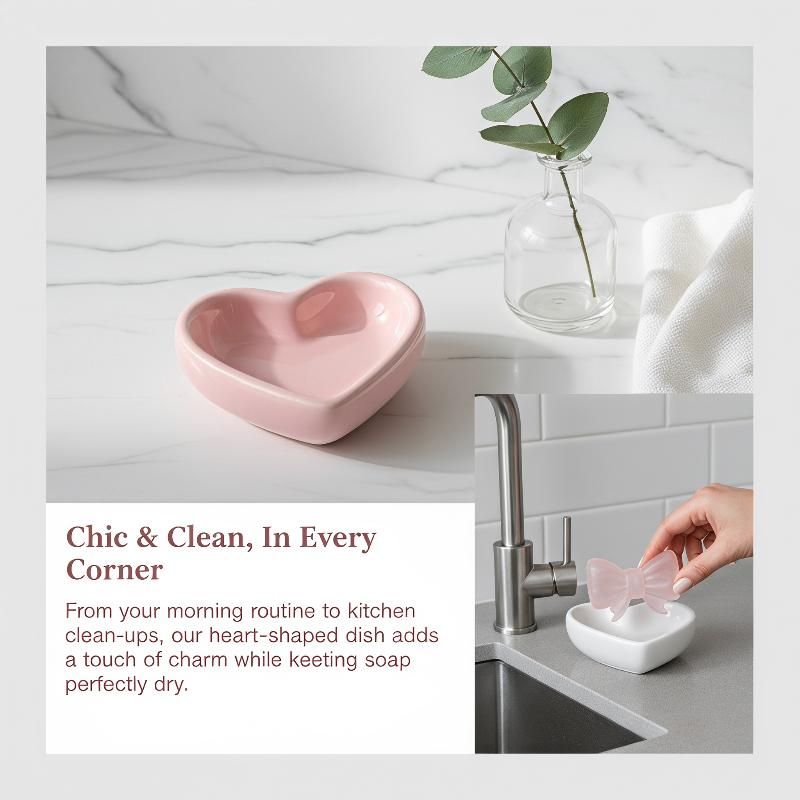 Soap Dish Draining - Cute Bow Heart Shaped Ceramic Soap